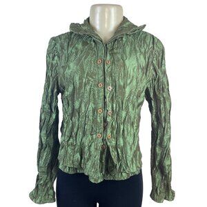 Ki Meng Women’s Green Metallic Crinkle Button-Up Blouse With Poet Sleeves